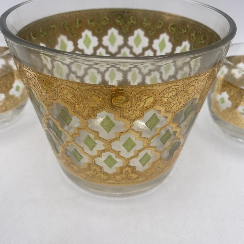 VTG Culver Green 22K Gold VALENCIA Ice bowl & Roly Poly Glasses BAR SET MCM